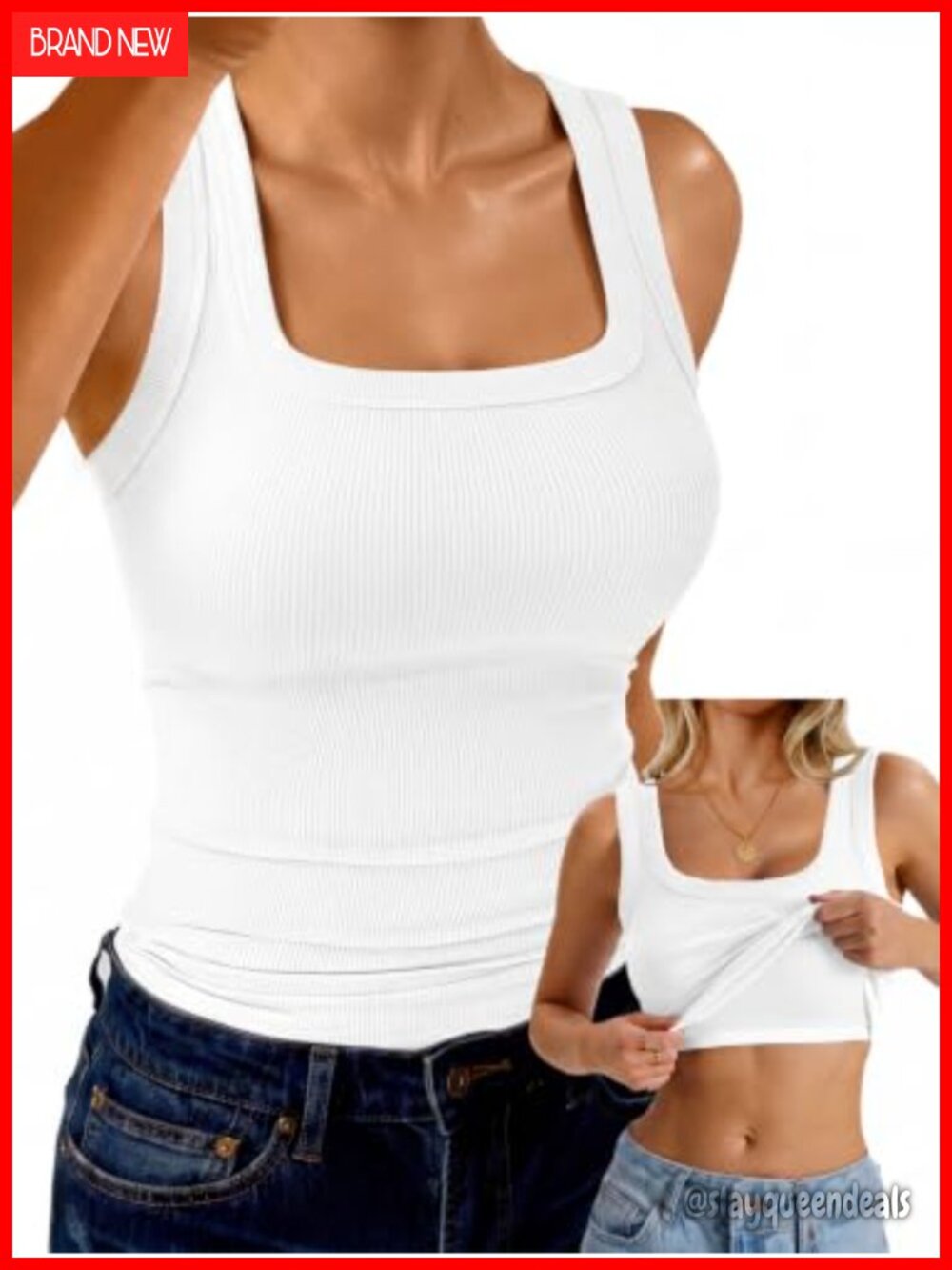 Ribbed Built in Bra Tank Top Square Neck Racerback Sleeveless Slim Fit